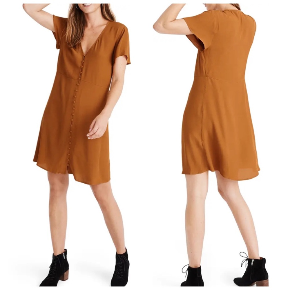 MADEWELL V-neck Button Front Dress In Golden Pecan